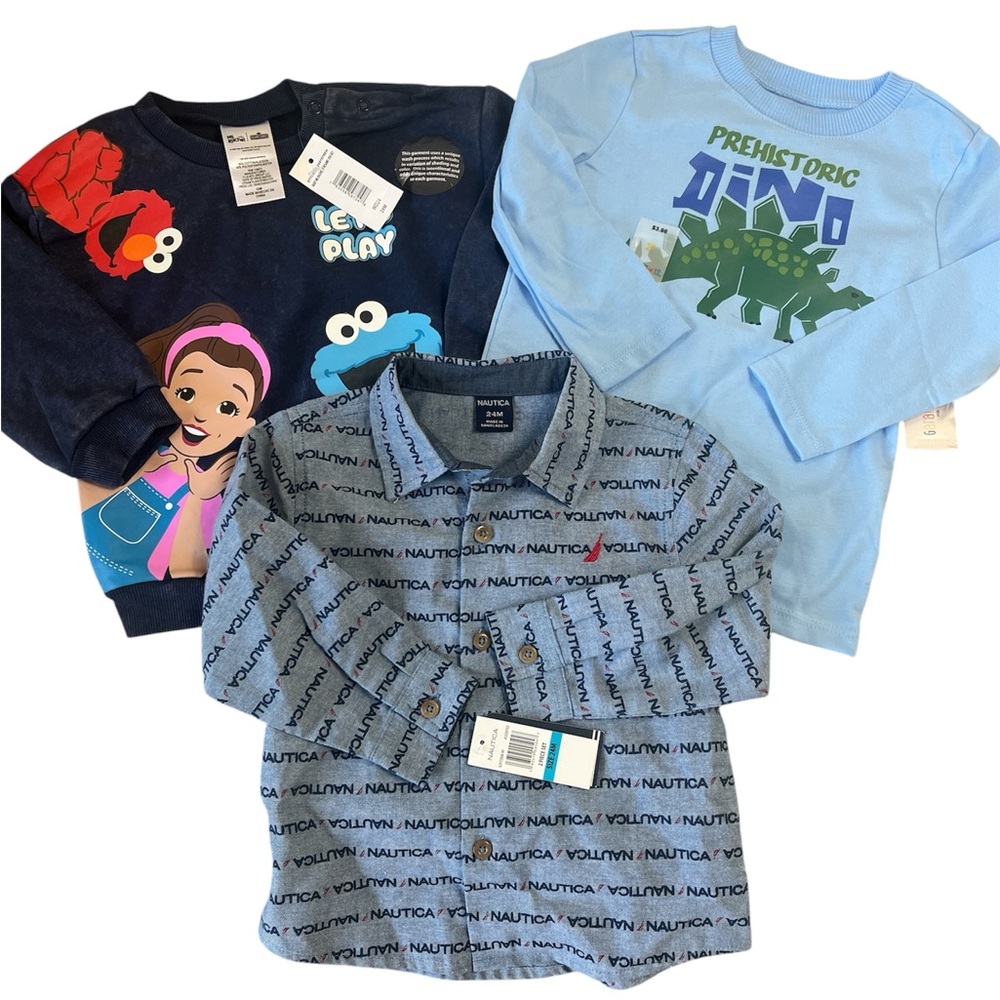 baby boy bundle long sleeves shirts Nautica, Sesame Street, Dino size 24 months